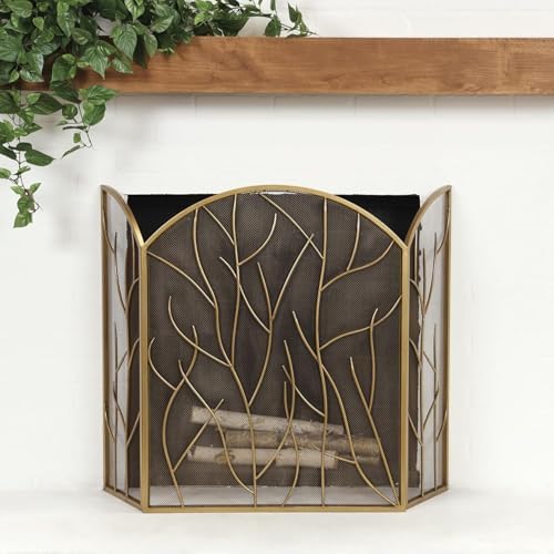 Decorative Arched 3-Panel Fireplace Screen, Heavy-Duty Iron Spark Guard, Foldable Metal Mesh Fire Guard for Living Room & Home Decor (Black)