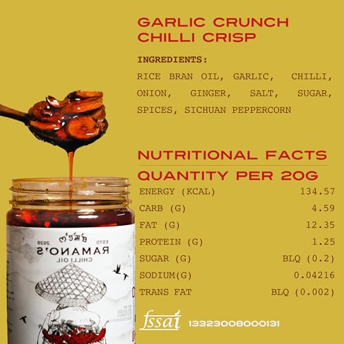 Image of RAMANO'S Garlic Crunch Chilli Crisp Oil 120Gms, Extra Crispy Garlic, Onion Bits, Sichuan Peppercorns with 5 Hand-Picked Chillies, Savoury Spicy Topping for Rice, Noodles, Eggs, Pizza and Ramen