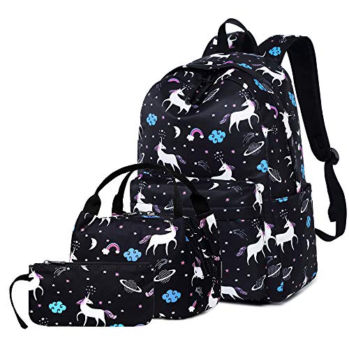 Lmeison Unicorn Backpack Waterproof, Girls Bookbag with Lunch Bag Pencil Case, Lightweight Travel