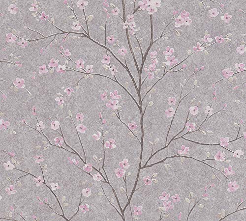 WALLCOVER Papier peint intissé à fleurs vintage rose gris argent fleurs de cerisier moderne aspect papier peint floral 10,05 x 0,53 m pour salon, cuisine, chambre, couloir Cover