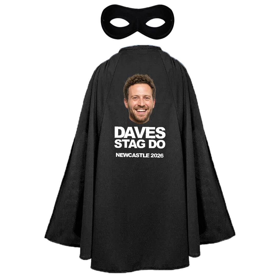 Adults Personalised Superhero Stag Costume - Pack of 3 - Long Black Cape with Your Design on the Back, Matching Eyemask - Mens Stag Party Upload Your Own Design Customised Fancy Dress Outfit