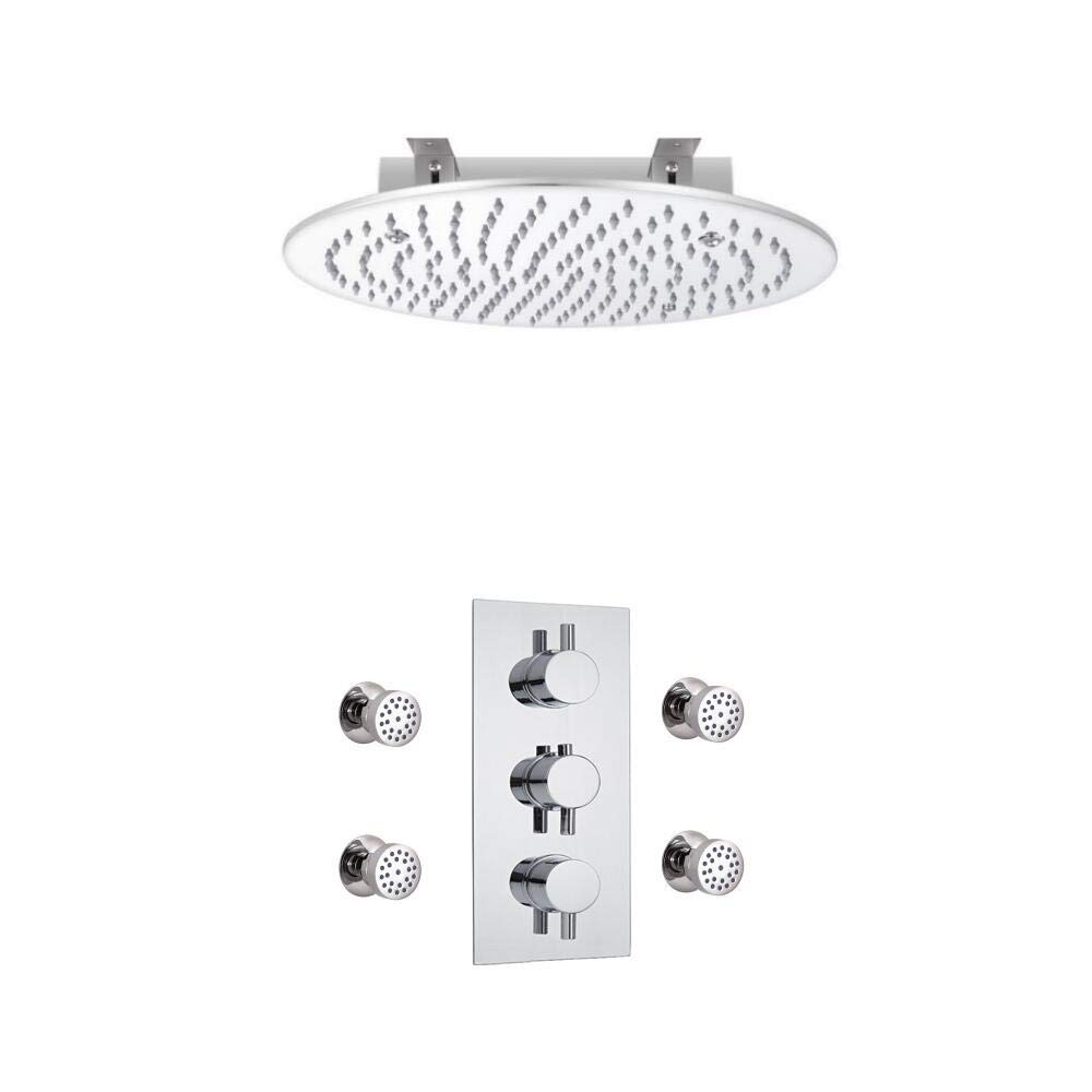 Milano Chrome Mirage Thermostatic Mixer Valve 400Mm Round Recessed Shower Head Body Jets