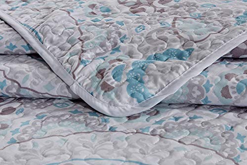 Masterplay 3-Piece Fine Printed (106" X 90") Quilt Set, Bedspread Coverlet (Caifornia) Cal King Size Bed Cover (Blue, Grey, Medallion) #TOP3