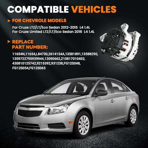 Image of 11654 130A Alternator for Chevrolet Cruze 2012-2015 1.4L Turbo | Fits Cruze Limited 2016; 12V 5-Groove Clutch Pulley, Replaces 13581891 13588290 13597227