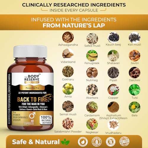 Image of The Body Reserve Ayurveda Back To Fire Capsules For Men With 22 Ayurvedic Herbs Blend for Stamina, Strength & Vitality With Ashwagandha, Shilajit, Safed Musli, Gokshura & More 60 Vegetarian Capsules