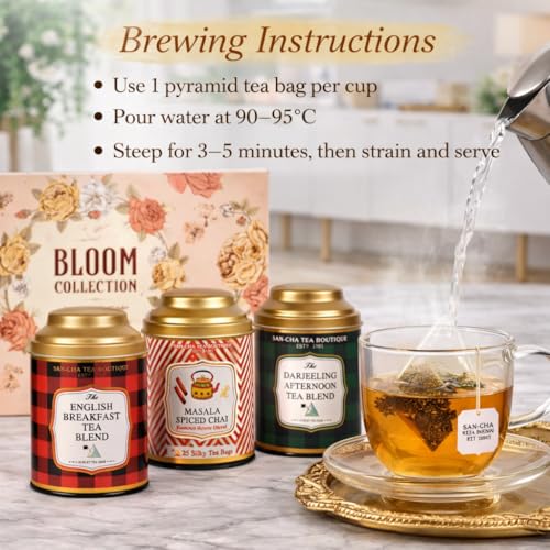 Image of Sancha Tea Boutique, Bloom Collection Tea Gift Box | English Breakfast, Darjeeling & Masala Chai | 3 x 25 Pyramid Tea Bags | Premium Floral Gift Box with Golden Ribbon & Carry Bag