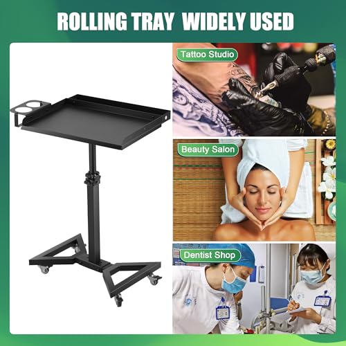 Premium Tattoo Workstation Table, Height Adjustable 24-36.2 inches, Rolling Salon Tray with Cup Holder, Black - Image 7