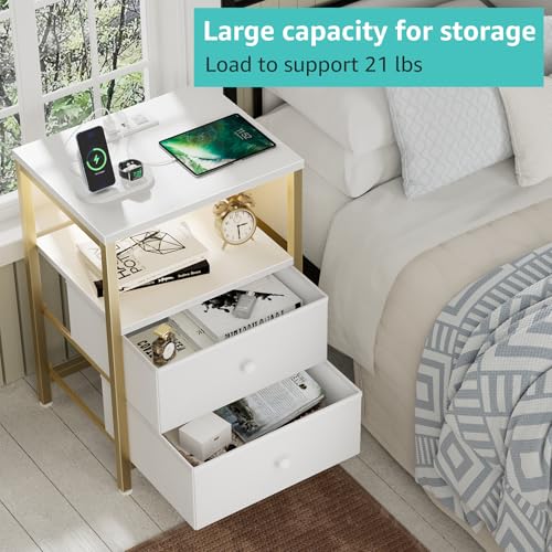 Image of BOLUO Nightstand with Charging Station, LED Night Stand with 2 Fabric Drawers, Bedside Table with USB Ports and Outlets, Nightstand for Bedroom Modern
