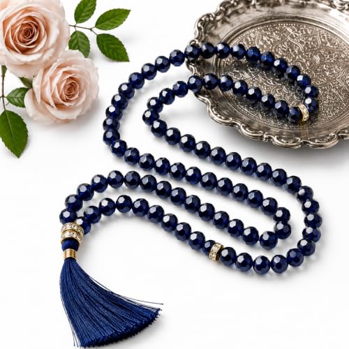 Image of Islamic Salat Prayer Tasbih - 100 Crystal White Beads - Tasbeeh for Dhikr, Zikr, and Meditation (Dark Blue)