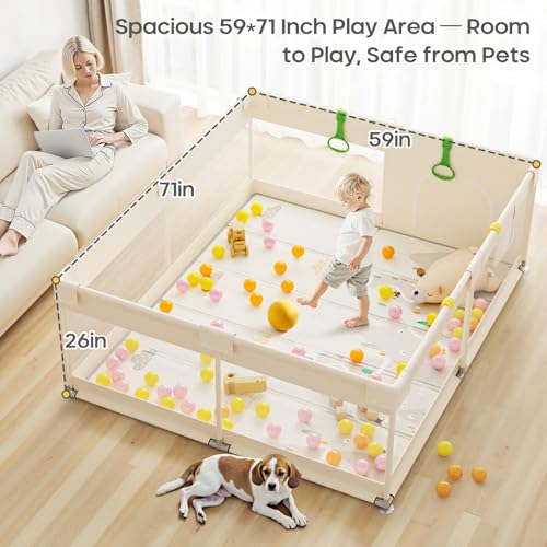Image of Zeebaba Baby Playpen with Mat, 71x59 in Beige Indoor Play Yard