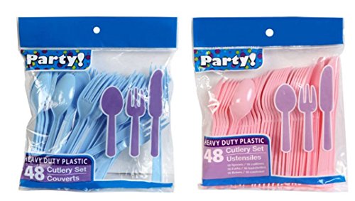 Baby Blue & Light Pink Heavy Duty Plastic Cutlery Sets - 16 Spoons, 16 Forks, 16 Knives - 2 packs of 48 each 96 pcs total - One Blue & One Pink