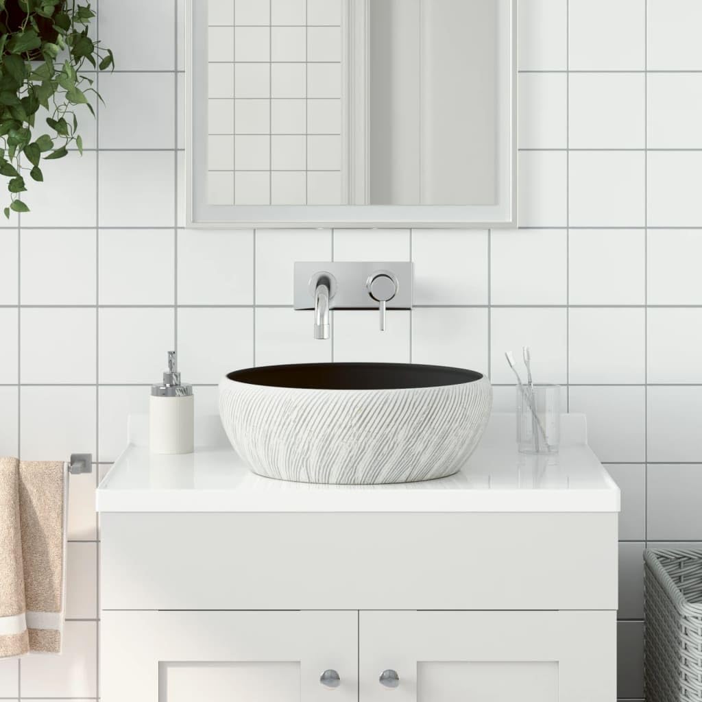 vidaXL Lavabo sobre Encimera Redondo, Lavamanos de Tocador, Lavabo de Fregadero, Lavamanos sobre Encimera para Baño Aseo, Cerámica Negro y Gris