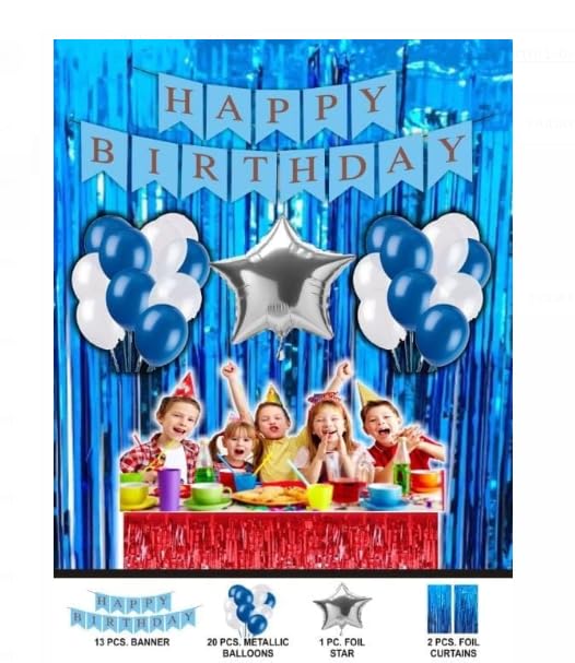 Birthday Party Decoration Set 36Pcs – Happy Birthday Banner, Balloons, Confetti, Tablecloth, Swirls – Birthday Decor Kit for Boys, Girls, Adults| Pack Of (Blue-White, 1)