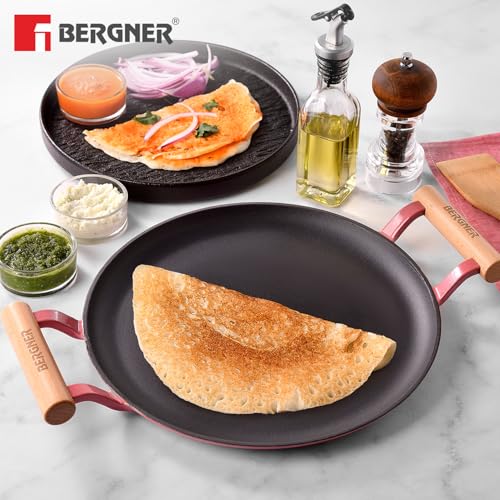 Image of BERGNER Excalibur Lightweight Cast Iron Dosa Tawa 28cm, Double Sided Sturdy Handle, Non-Stick Coating, PFAS Free, Perfect Heat Distribution, Elegant Design - Induction Compatible (Pink)