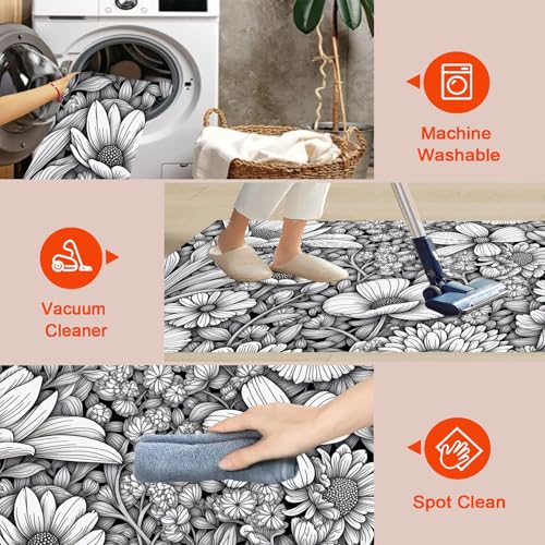 Tapis lavable en machine antidérapant fleurs complexes noir - 7