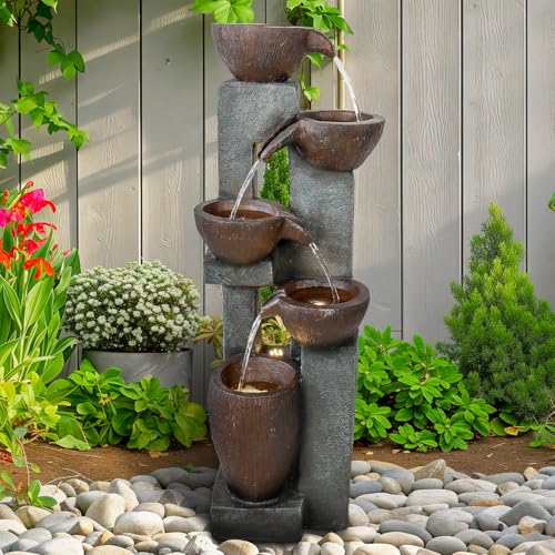 Image of Naturefalls 39 inch H Modern Outdoor Fountain - 5 Crocks Outdoor Garden Fountains with Contemporary Design&LED Light for Garden, Patio, Deck, Porch, Backyard and Home Art Decor