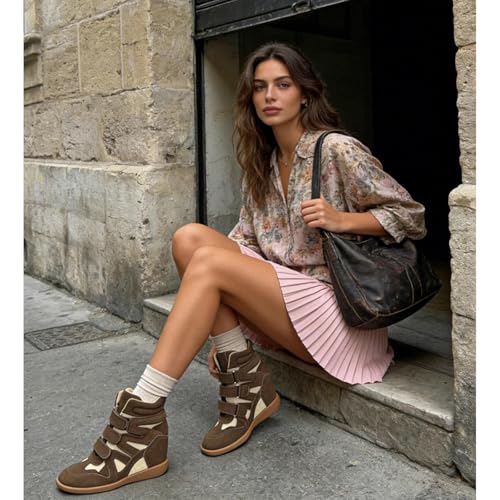 Image of Dsevht Hidden Wedge Sneakers for Women High Top Fashion Sneaker Suede High Heel Platform Tennis Triple Strappy Band Casual Vintage Dressy Comfy Campus Trendy Retro Sneaker