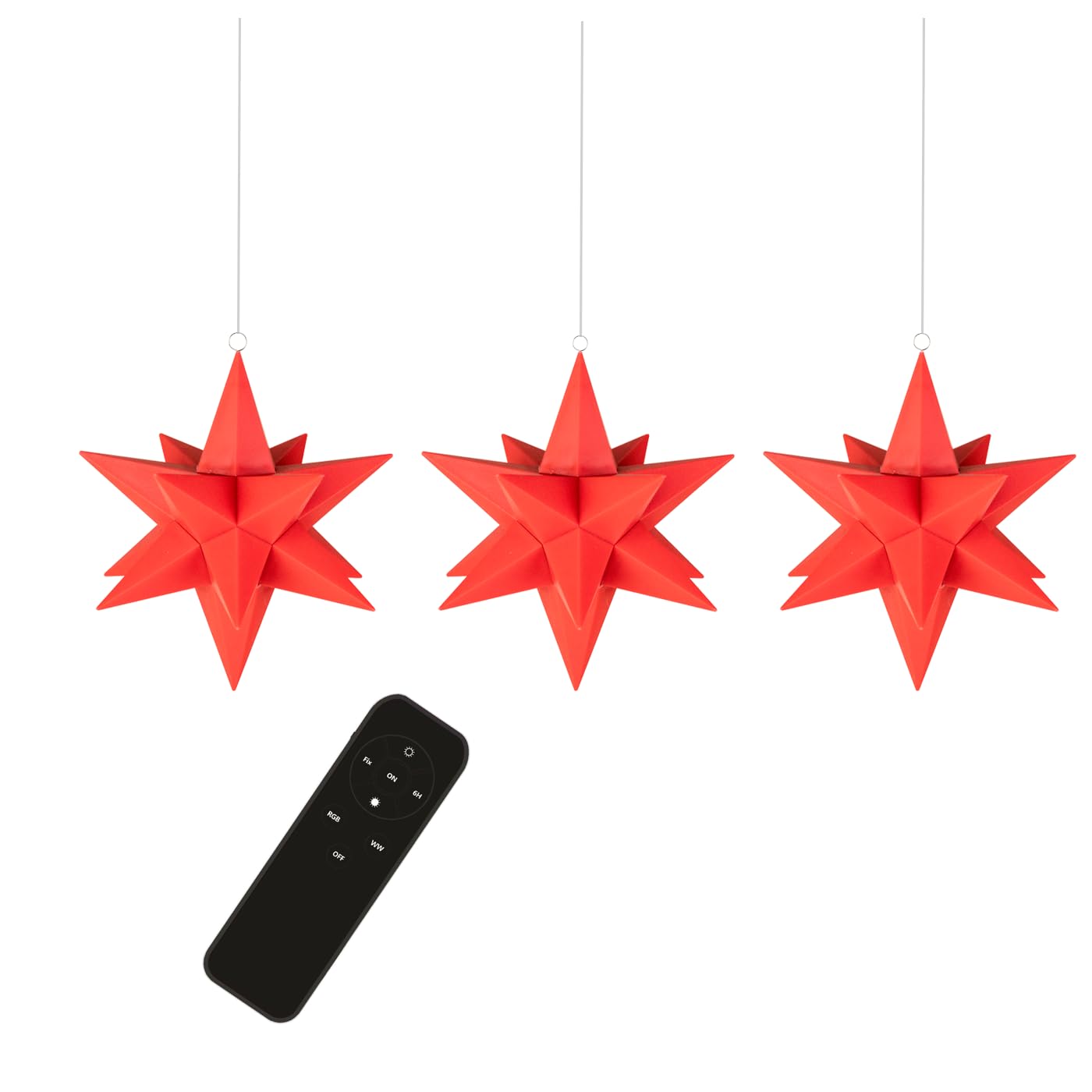 Galaxy "schwebende" LED Kunststoff-Sterne, 3er Set, rot, je10 weiße LED, Stern 13 cm, FB mit EIN-/ AUS Schalter, Dimmer und Timerfunktion 6/18 Std, Batterien inklusive