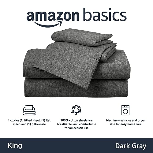 Image of Amazon Basics 4 Piece Breathable 100% Cotton Jersey Bed Sheets Set, Machine Washable, Stretchy Flat and Fitted Sheets, Pillowcase, King, Dark Gray, Solid