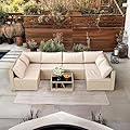 7-Piece Wicker Patio Furniture Set, Outdoor Conversation Set Sectional Sofa with Water Resistant Thick Cushions and Coffee Table, Beige