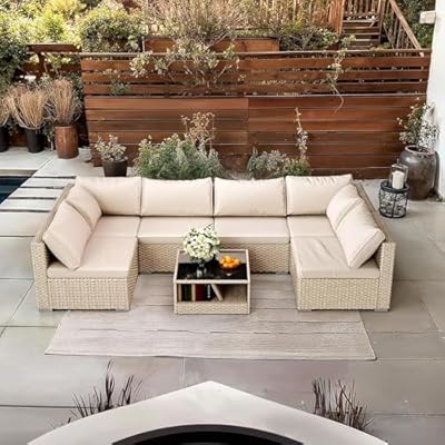 7-Piece Wicker Patio Furniture Set, Outdoor Conversation Set Sectional Sofa with Water Resistant Thick Cushions and Coffee Table, Beige