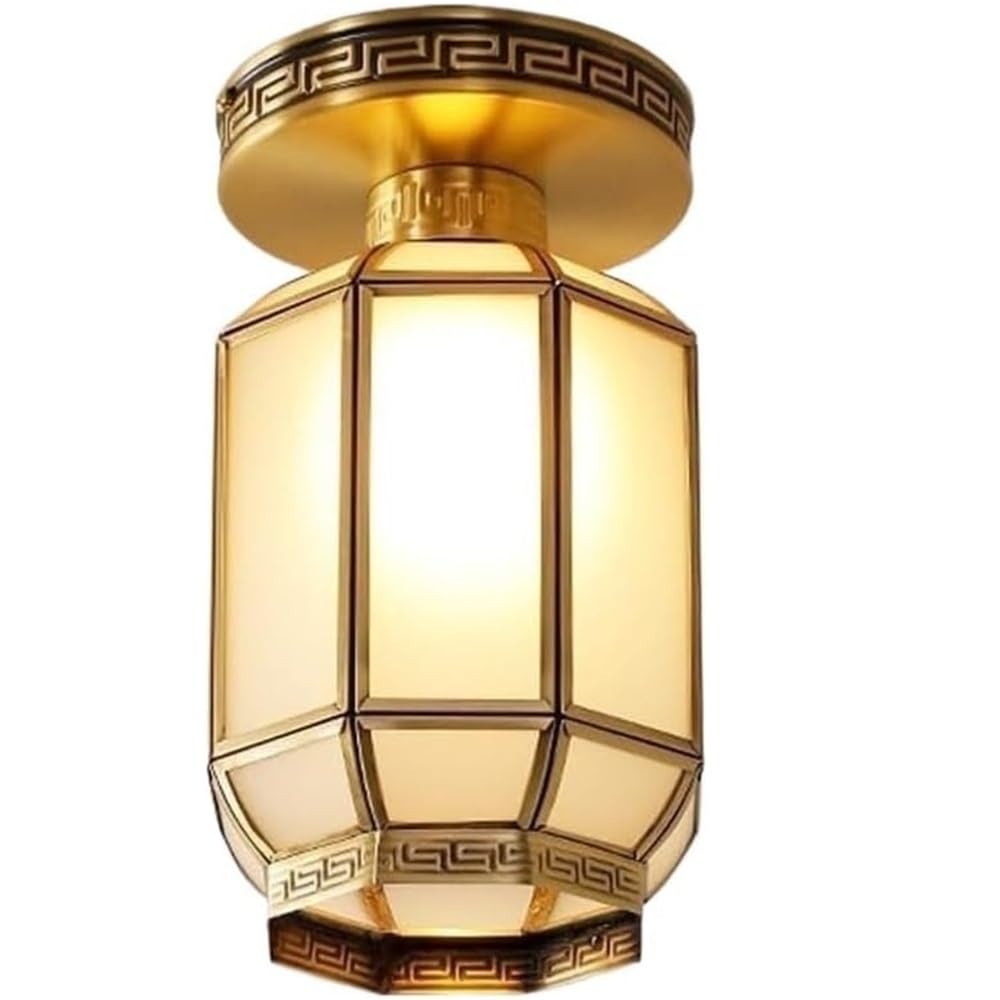 LUOYAOB Traditional Chinese Style E27 Base Ceiling Lights Geometric Glass Shade Semi Flush Mount Ceiling Lamp Brass Frame Ceiling Light Fixture for Bedroom Living Room Study Office Hotel Lobby