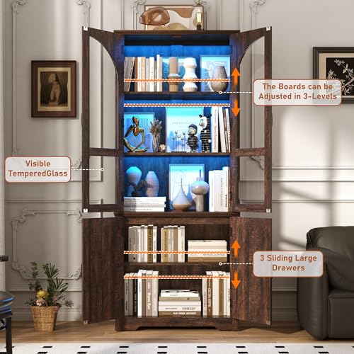 Image of chartustriable 75 inch Tall Farmhouse Kitchen Pantry Cabinet with LED Lights,Wood Storage Cabinet w Arched Glass Doors,Pantry Organizers and Storage,Rustic Wood Cupboard for Kitchen,Dining Room(Brown)