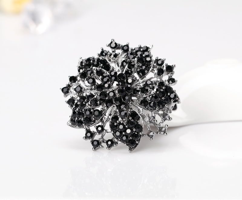 Image of Wedding Bridal Big Crystal Rhinestone Bouquet Brooch Pin for Women (black flower)