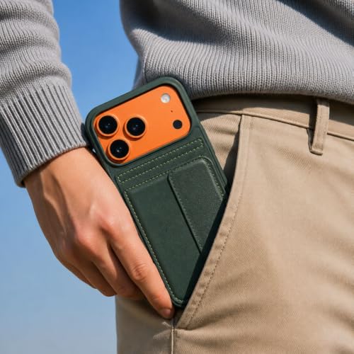 Image of amazon basics Luxury Vegan Leather Back Cover for iPhone 17 Pro | Built-in Card Holder Slot | Integrated Mobile Stand | Slim Shockproof Protective Case with Stitched Finish - Green