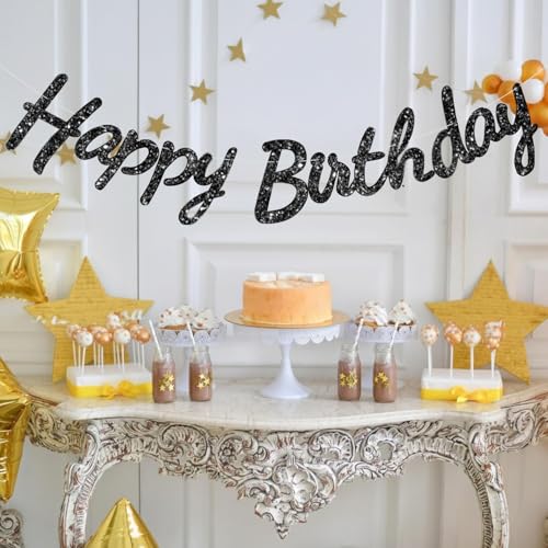 Image of Rozi Decoration Happy Birthday Banner Black Glitter Decoration - Reusable Cursive Letter Party Garland for Birthday Decor, Men Women Kids Adults, Happy Birthday Cursive Banner Pack of 1 Set