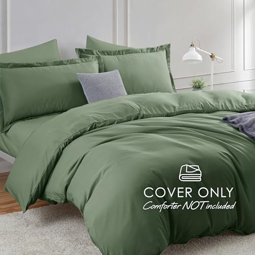 Image of Hearth & Harbor Olive Green Duvet Cover with Fitted Sheet Full Size | 4 Piece Soft Double Brushed Bedding Set, Button Closure, 1 Duvet Cover 80x90 Inches, 1 Fitted Sheet, 2 Pillow Shams