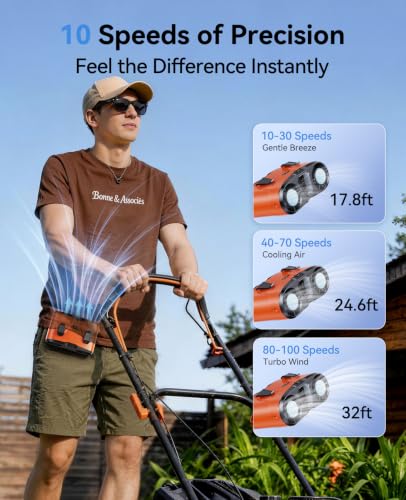 Image of KIMMOO Dual-Motor Rechargeable Waist Fan with Ice Cooling, 25000 RPM High-Speed Neck Belt Clip-on Fan with 10 Gears, LED Display & Flashlight, Hands-Free Personal Fan for Work Outdoor Travel, Orange