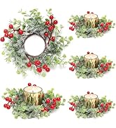 Christmas Candle Ring, 4 Pcs Gold Votive Candles with Red Berry and Mini Eucalyptus Xmas Candle R...