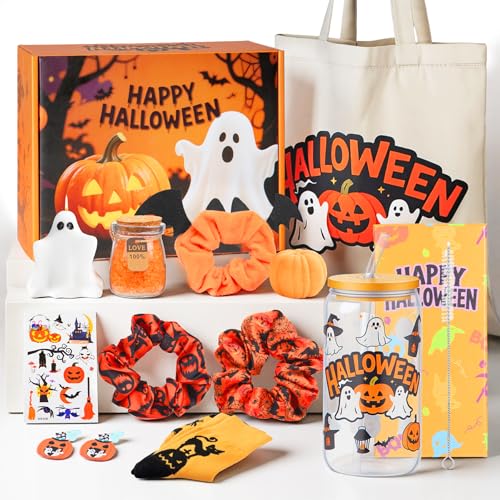 Boo Basket Stuffers for Women 11 Pcs, Halloween Basket Stuffers, Gift Box for Women, Girls, Teens, Audlts with Halloween Cup, Ghost Candles, Bath Salts, Socks
