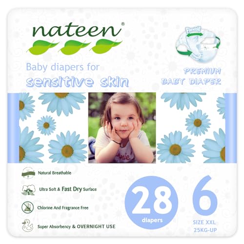 Image of Nateen Premium Baby Diapers, Overnight Use Disposable Diapers for Sensitive Skin, Ultra Thin Diapers with Comfortable Fit. Size 6 (XX-Large), 28, Count.