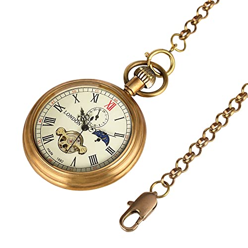 VIGOROSO-Mens-Vintage-Full-Copper-Hand-wind-Mechanical-Second24hours-Sub-dials-Pocket-Watch-in-box