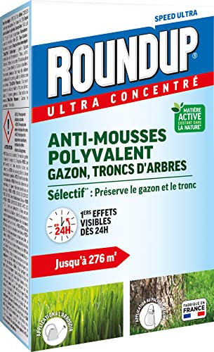 ROUNDUP RMOUSS500 Anti-mousses Concentré Gazon et Troncs d'Arbres 500 ml - Premiers effets visibles en 24h - Elimine les mousses par simple contact 276m² - Préserve le gazon et les troncs d'arbres