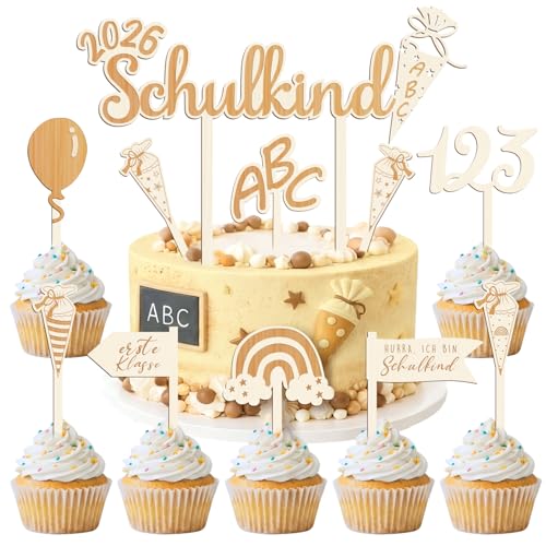 iZoeL Tortendeko Einschulung Holz Schulkind Kuchendeko Zuckertüte Kuchen Deko ABC 123 Tortenaufsätze Schulanfang Torten Cupcake Muffin Topper für Junge Mädchen