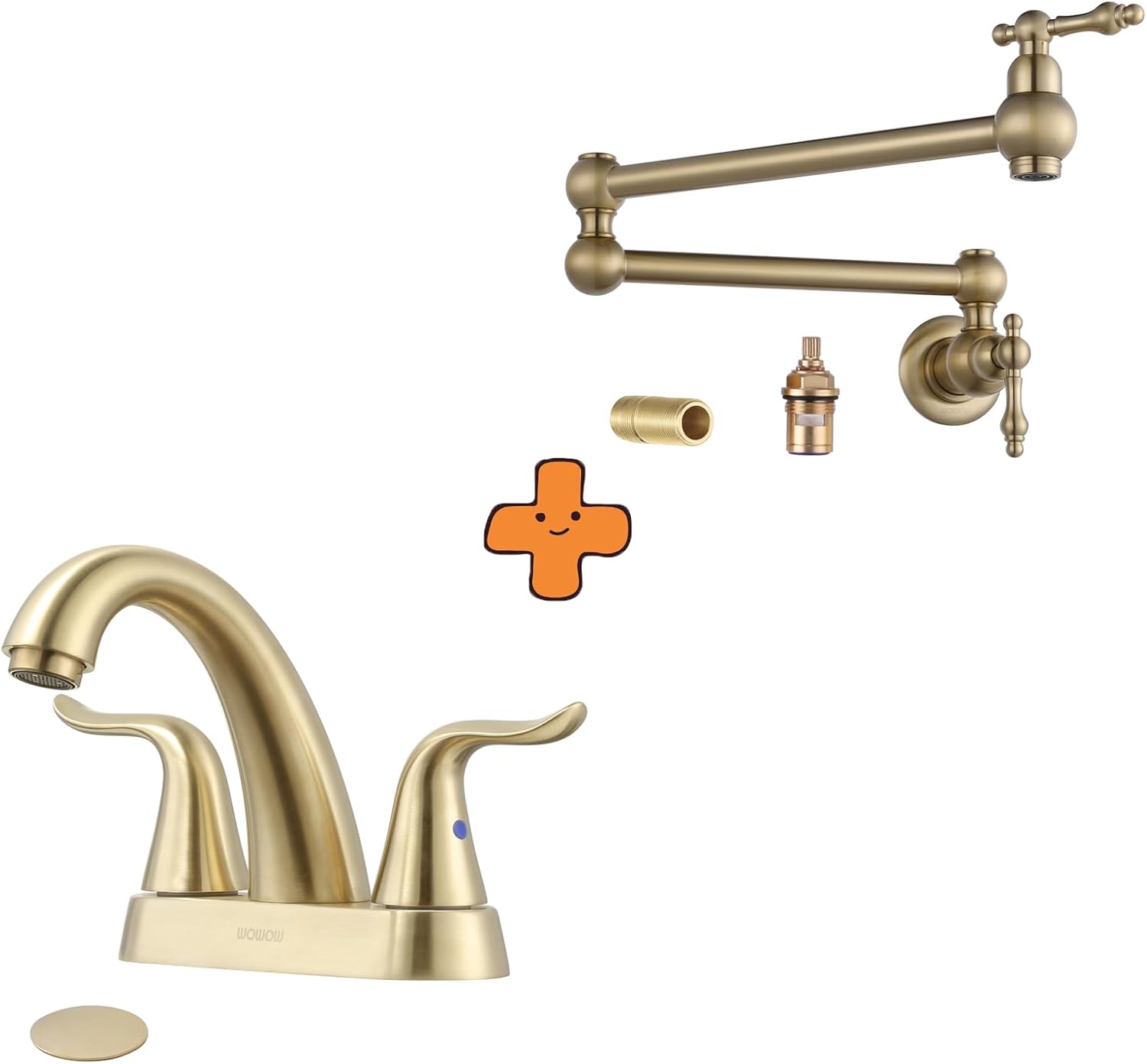 WOWOW 4 Inch Bathroom Faucet Brushed Gold Bathroom Sink Faucet Centerset Vanity Faucet and Pot Filler Faucet, Wall Mount Copper Folding Faucet 2 Handle with Double Joint Swing Arms