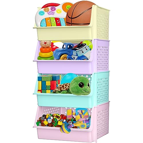 Image of Large Stackable Storage Bins Open Front for Pantry Storage, 4 Pack - Multi | Sturdy Plastic, Easy Stacking, Open Front Access, Ventilated Sides, Vertical & Space Saving Pantry Organizers and Storage Bin