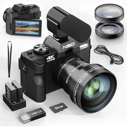 4K Digital Cameras for Photography - 48MP Travel Photography & YouTube Vlogging Camera with Microphone16X Digital Zoom, Includes 32GB SD Card and Wide Angle Macro Lens