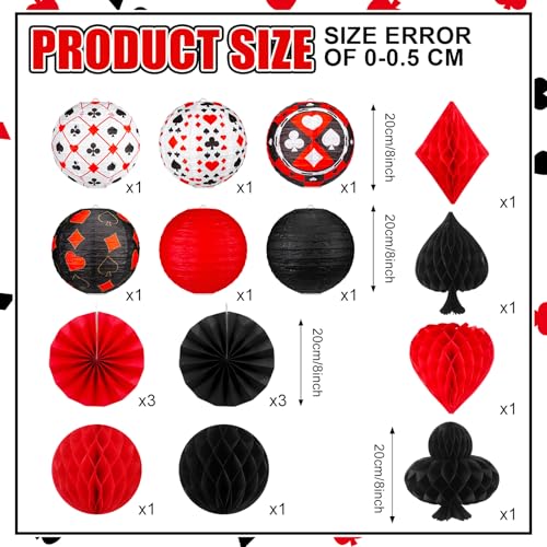 Image of Baquler 18 Pcs Casino Party Decoration 3D Poker Hanging Paper Lantern Red and Black Fans Honeycomb Ball for Las Vegas Game Casino Night Birthday Party Ceiling Decor Supplies