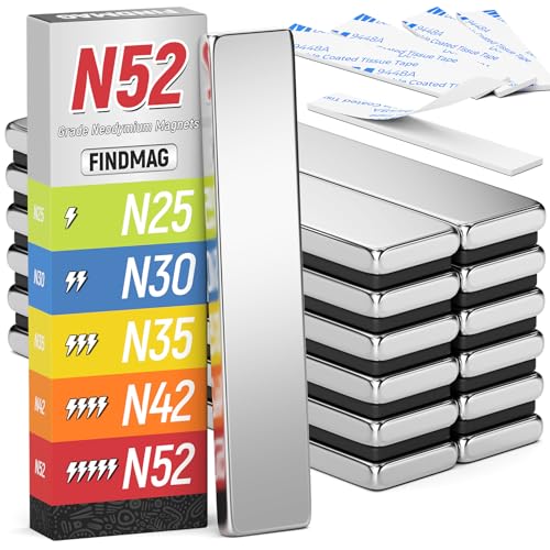 FINDMAG Rare Earth Neodymium Magnet, Bar Magnets with Double-Sided Adhesive, Bar Magnet for Fridge, Garage, Kitchen, 60x10x3mm, 12Pack