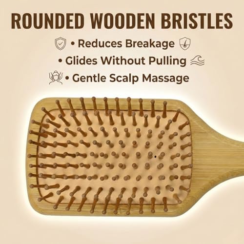 Image of Heff Bamboo Hair Brush, Natural Bamboo, Paddle Brush with Wooden Bristles, 9.5 Inches x 3.3 Inches
