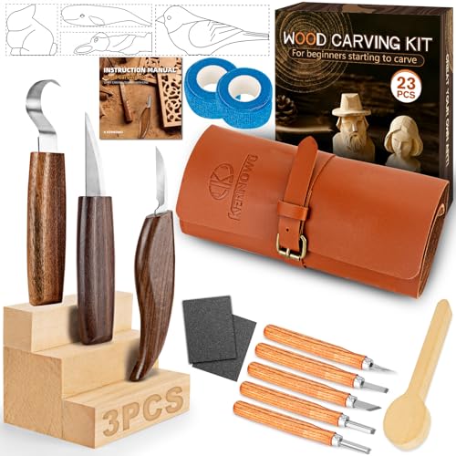 Wood Carving Kit 23pcs Wood Carving Tools with PVC Storage Bag Wood Whittling Kit with 4pcs Templates & Users Guide for Beginners