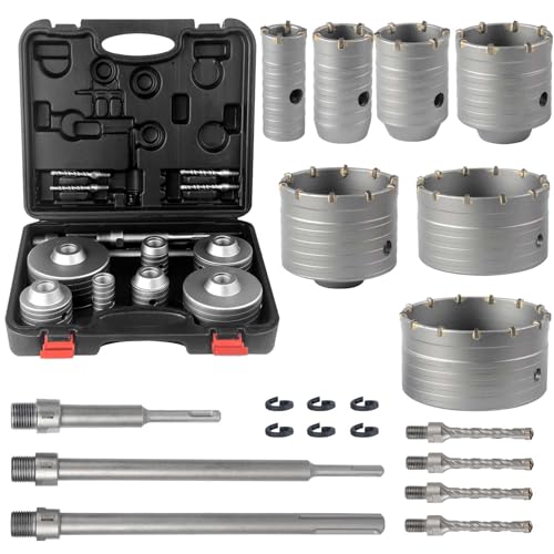 Image of BINOTA 20PCS 30-110 mm (1-3 /16 inch to 4-5 /16 inch) Concrete Hole Saw Kit | Tungsten carbide drill set; SDS-Plus & SDS-Max shanks; Cross-type center drill bit; Dry drilling for concrete /brick /stone