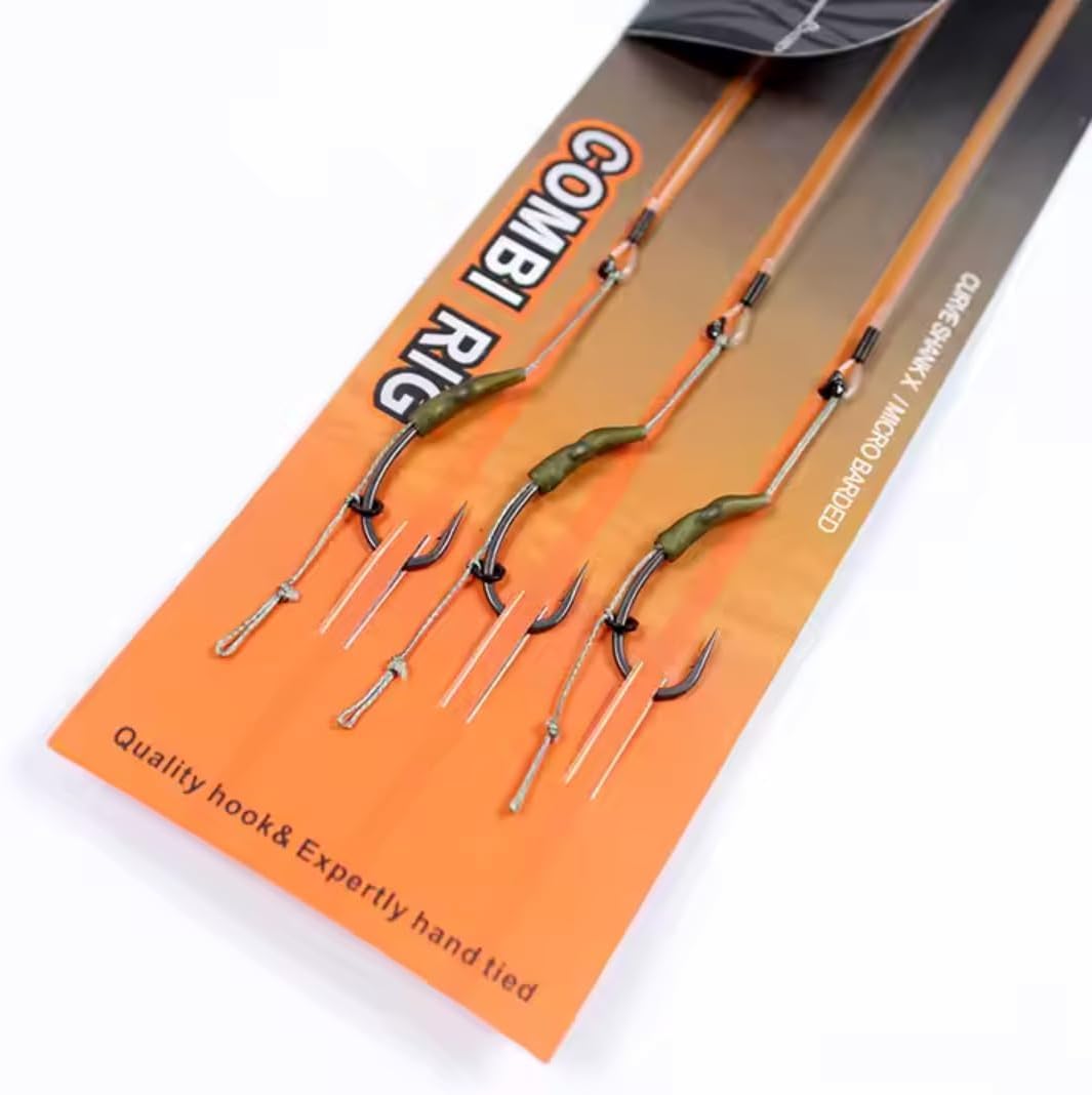 3x Combi Rig Fishing Hook Set – Size 6 OR Size 4 Micro Barbed Curve Shank, Blow Back & Boom Section, Loop Connection, Hand Tied Carp Rigs (Size 4)