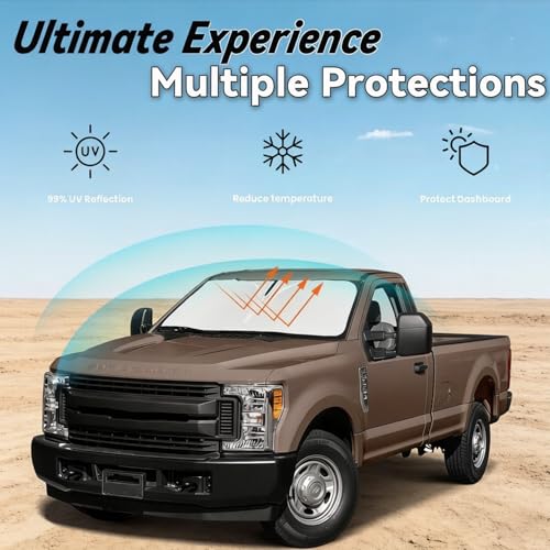 Image of Windshield Sun Shade for 2008-2016 Ford F250 F350 F450 F550 | Car Front Window Sun Visor & Heat Shield Accessories | 240T Blocks Sun Rays Heat Sunshade