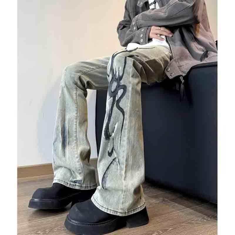 BXCNCKD Men's Retro Washed Micro Flared Jeans with Flame Print for Slimming and Floor Hugging Straight Leg Pants4