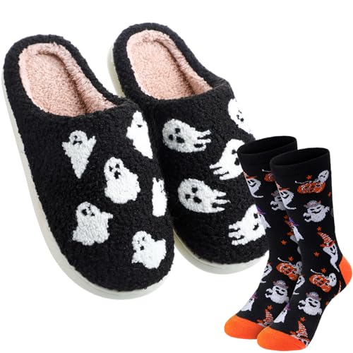 Geyoga Halloween Slippers and Socks for Womens Mens Plush Warm Non-slip Slippers Pumpkin Skeleton...
